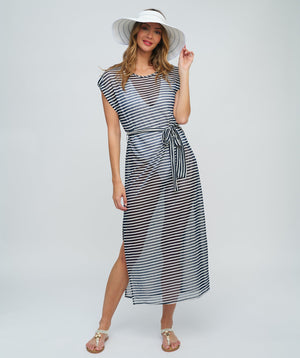 Navy/White Stripe Maxi Dress with Side Slits and Waist Tie