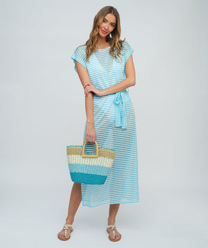 Turquoise/White Stripe Maxi Dress with Side Slits and Waist Tie