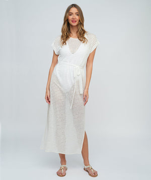 White Stripe Maxi Dress with Side Slits and Waist Tie
