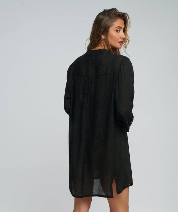 Black Fringed Beach Shirt with Button Closure and Rolled Cuff Sleeves