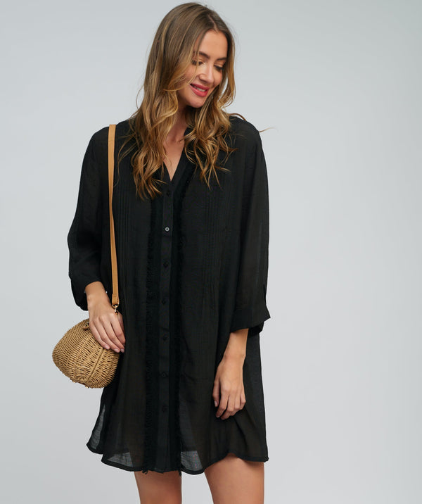 Black Fringed Beach Shirt with Button Closure and Rolled Cuff Sleeves
