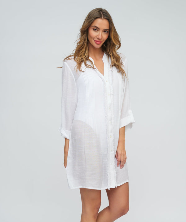 White Fringed Beach Shirt with Button Closure and Rolled Cuff Sleeves