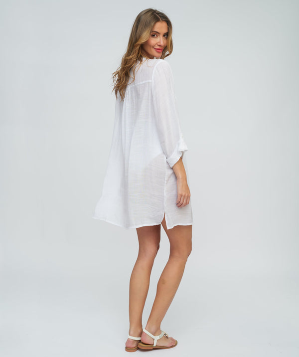 White Fringed Beach Shirt with Button Closure and Rolled Cuff Sleeves