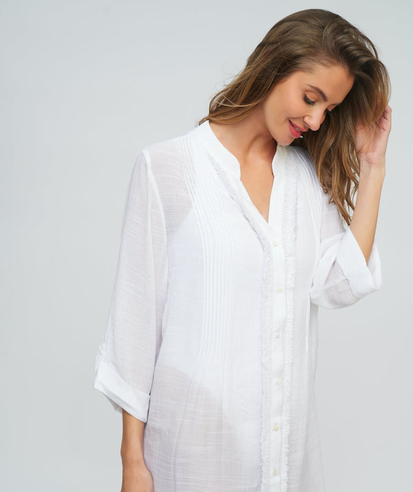 White Fringed Beach Shirt with Button Closure and Rolled Cuff Sleeves