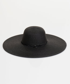 Black Wide Brim Straw Hat with Rhinestone Belt