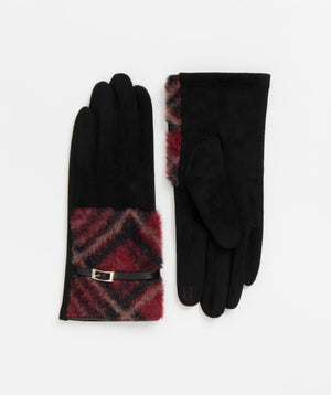 Tartan Fur Cuff Gloves - Burgundy - Black/Red, Glove, Rubi, Winter Accessories