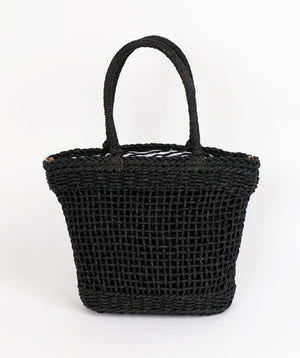 Black Open Weave Straw Beach Bag 