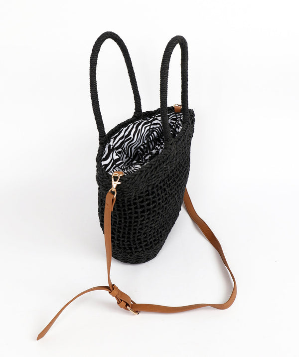 Black Open Weave Straw Beach Bag 