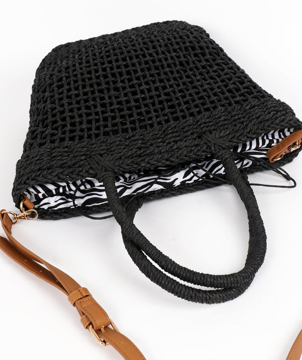 Black Open Weave Straw Beach Bag 