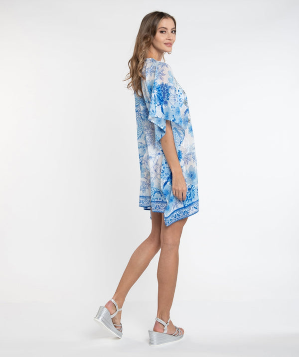 Blue Midi Cover Up with Tile Print and Beaded Embellishments