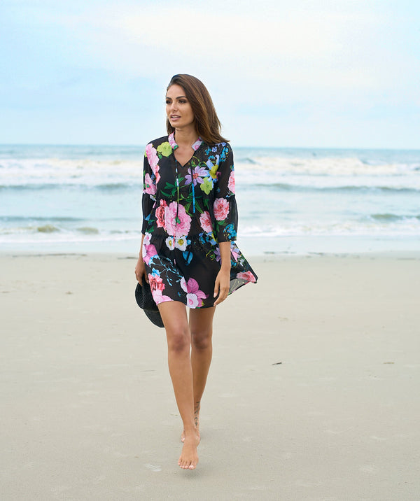 Black/Pink Midi Dress with Pretty Floral Print and V-Neck