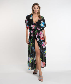 Black/Pink Floral Print Maxi Cover Up with Embellished Beading