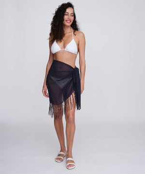 Navy Fringed and Beaded Sarong with Tassels and Shell Beading