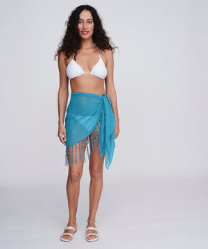 Sea Green Fringed & Beaded Sarong with Tassels and Shell Beading