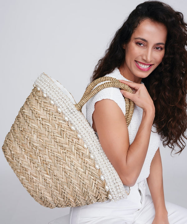 Natural Straw Basket Bag with Pearl Embellishments and Zip Closure
