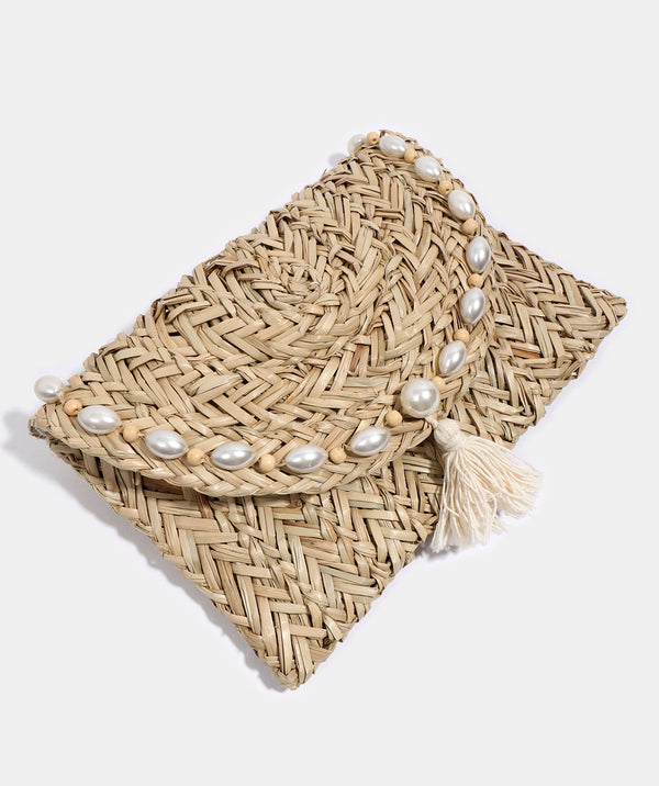 Natural Clutch Bag with Pearl Bead Embellishment and Button Closure