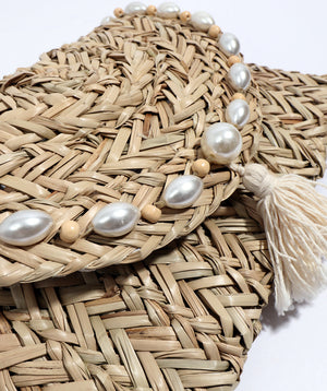 Natural Clutch Bag with Pearl Bead Embellishment and Button Closure