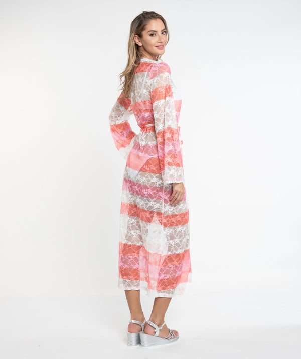 Coral Lace Ombre Maxi Kimono with Tie Waist