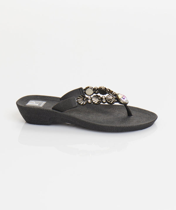 Black Wedged Embellished Sandals with Non-Slip Sole