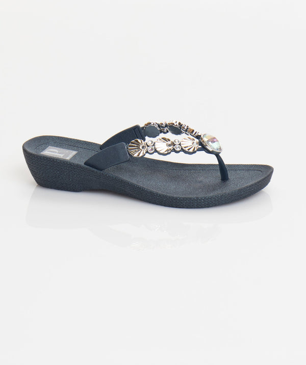 Navy Wedged Embellished Sandals with Non-Slip Sole