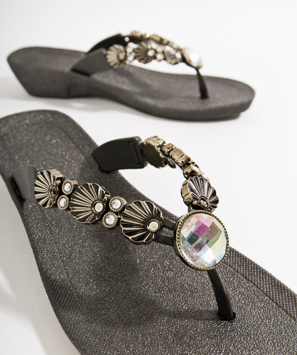 Black Wedged Embellished Sandals with Non-Slip Sole