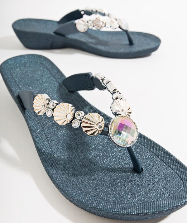 Navy Wedged Embellished Sandals with Non-Slip Sole