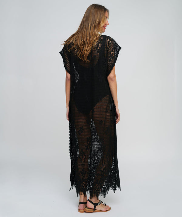 Black Lace Maxi Coverup with Floral Embroidery and Side Splits