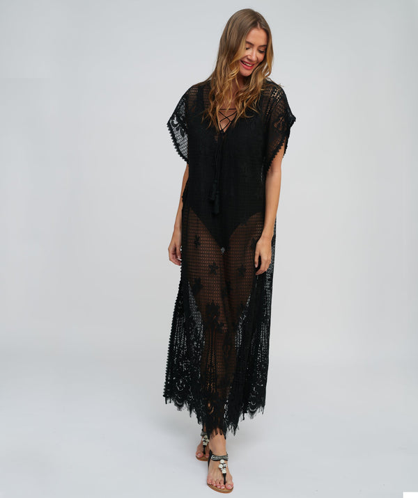 Black Lace Maxi Coverup with Floral Embroidery and Side Splits