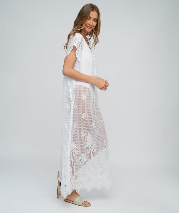 White Lace Maxi Coverup with Floral Embroidery and Side Splits