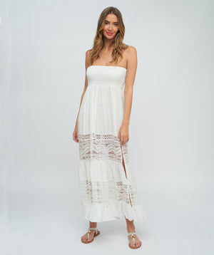 White Silky Maxi Dress with Empire Waist and Lace Details
