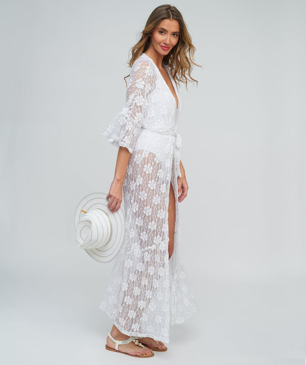 White Full Length Lace Maxi Kimono