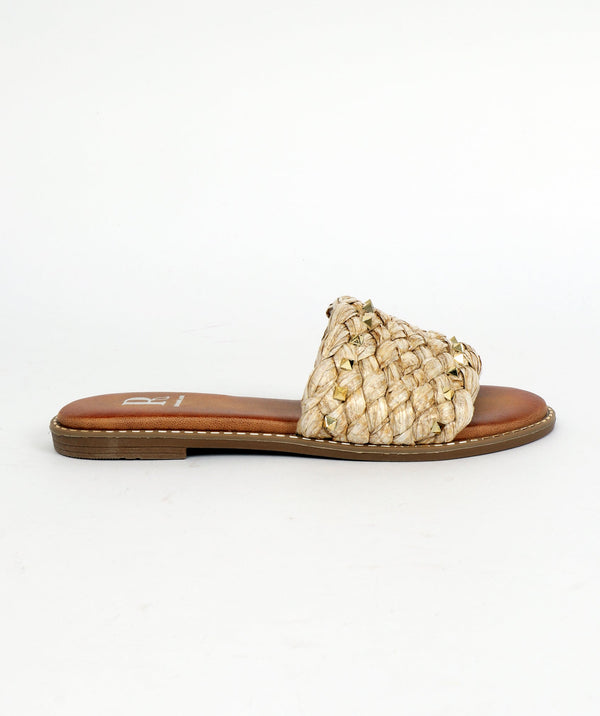 Natural Embellished Straw Mule Sandals with Open Toe