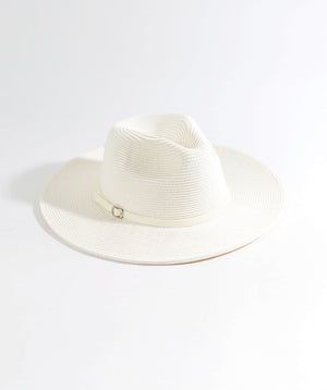 White Wide Brim Straw Hat with Faux Leather Belt