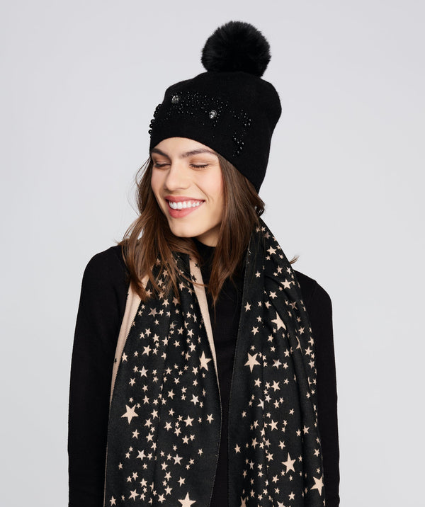 Black Knitted Beannie with Pearl Embellishments and large Pom Pom