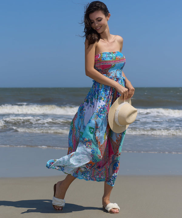 Multicoloured Strapless Maxi Dress with Tropical Print and Elasticated Top