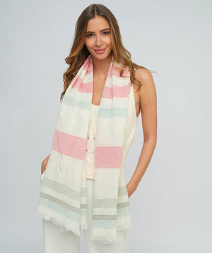 Pink Lightweight Oblong Scarf with Check Pattern