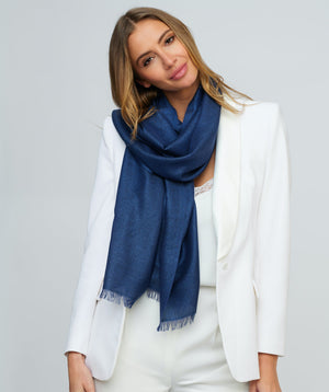 Navy Oblong Shimmer Scarf with Raw Edges