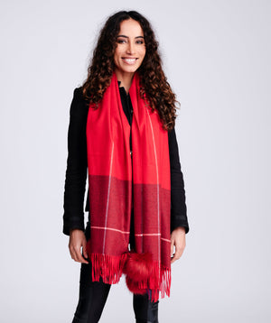 Pom Pom Embellished Checked Scarf - Red - Accessories, Red, Scarf, Thomasina, Winter Accessories