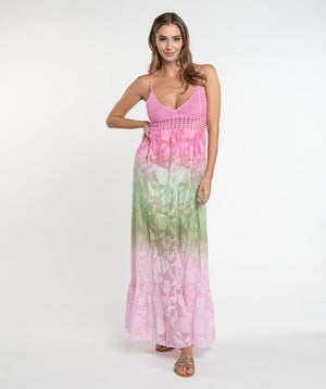 Fuchsia Ombre Maxi Dress with Lace and Crochet Detail