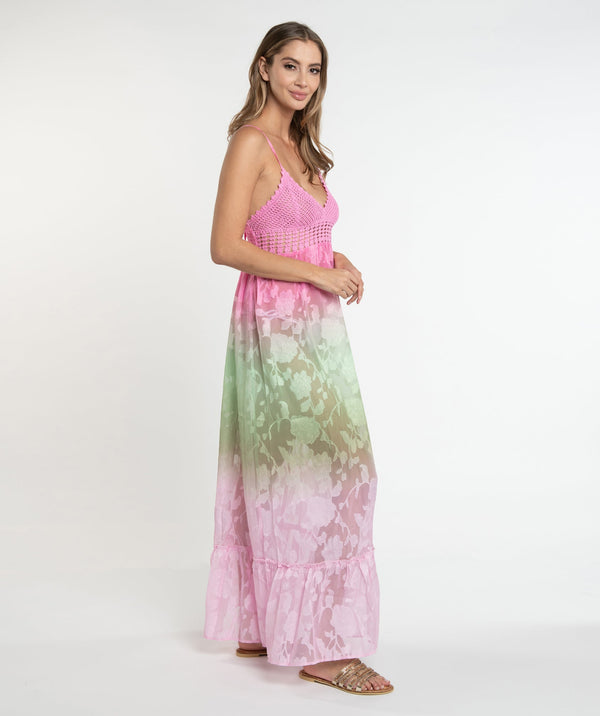 Fuchsia Ombre Maxi Dress with Lace and Crochet Detail