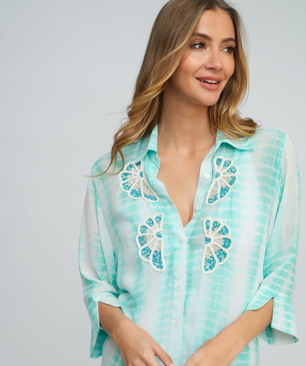 Aqua Tie Dye Shirt Dress with Embellished Beach Shirts