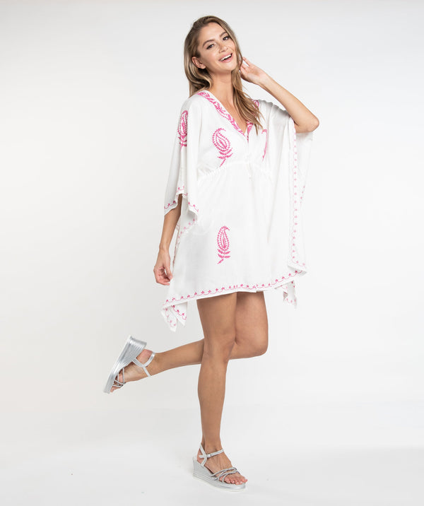 White/Pink Two Tone Embroidered Cover up with Drawstring Waist