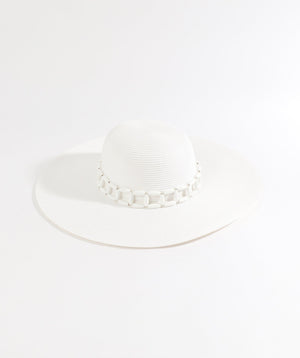 White Wide Brim Hat with Tonal Bead Embellishment