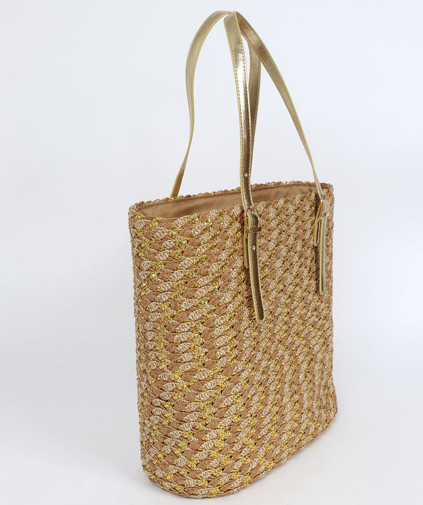Natural and Gold Metallic Woven Straw Tote with Zip Closure