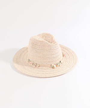 Blush Paper Straw Fedora Hat with Shell Bead Embellishment