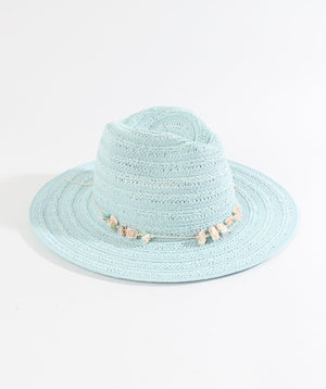 Turquoise Paper Straw Fedora Hat with Shell Bead Embellishment