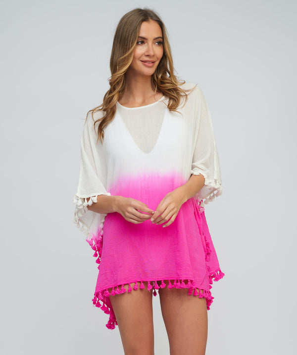 Fuchsia Tie Dye Ombre Beach Coverup in Crinkled Cotton
