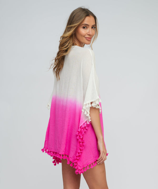 Fuchsia Tie Dye Ombre Beach Coverup in Crinkled Cotton