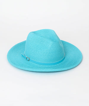 Turquoise Straw Fedora Hat with Belt Headband and UVA Sun Protection