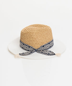 Natural Two-Tone Fedora with UV Protection and Aztec Pattern